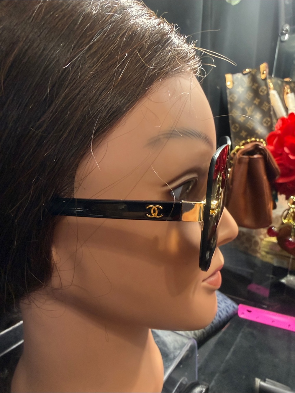 CHANEL Oversized Square Black Gradient Sunglasses with Gold CC Details - Picture 3 of 6